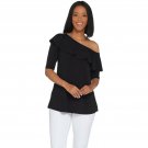 H by Halston Plus Size Jet Set Jersey Ruffle One-Shoulder Top Plus 3X Black