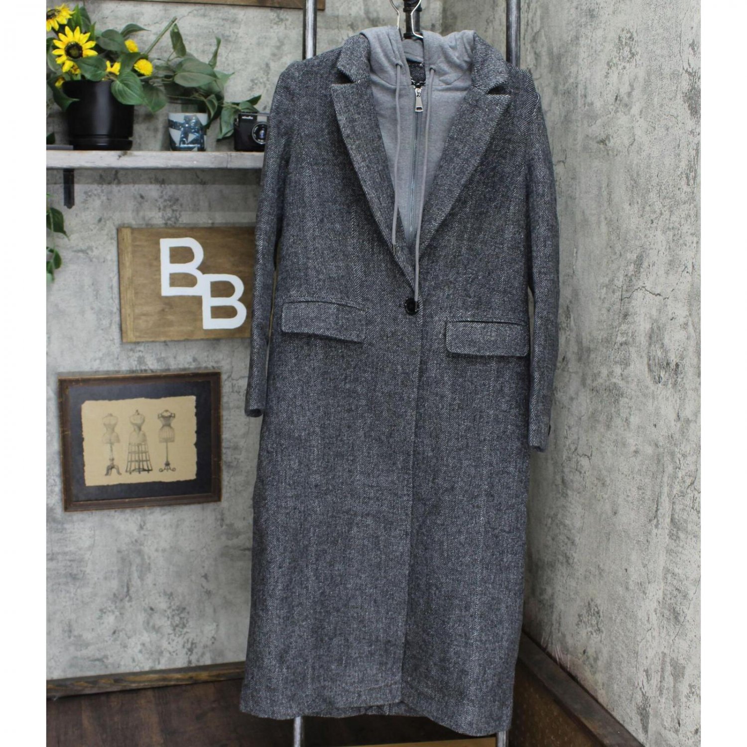 NWT With The Girls by Avec Les Filles With Les Wool Blend Maxi Coat Detachable Hood XS Black White
