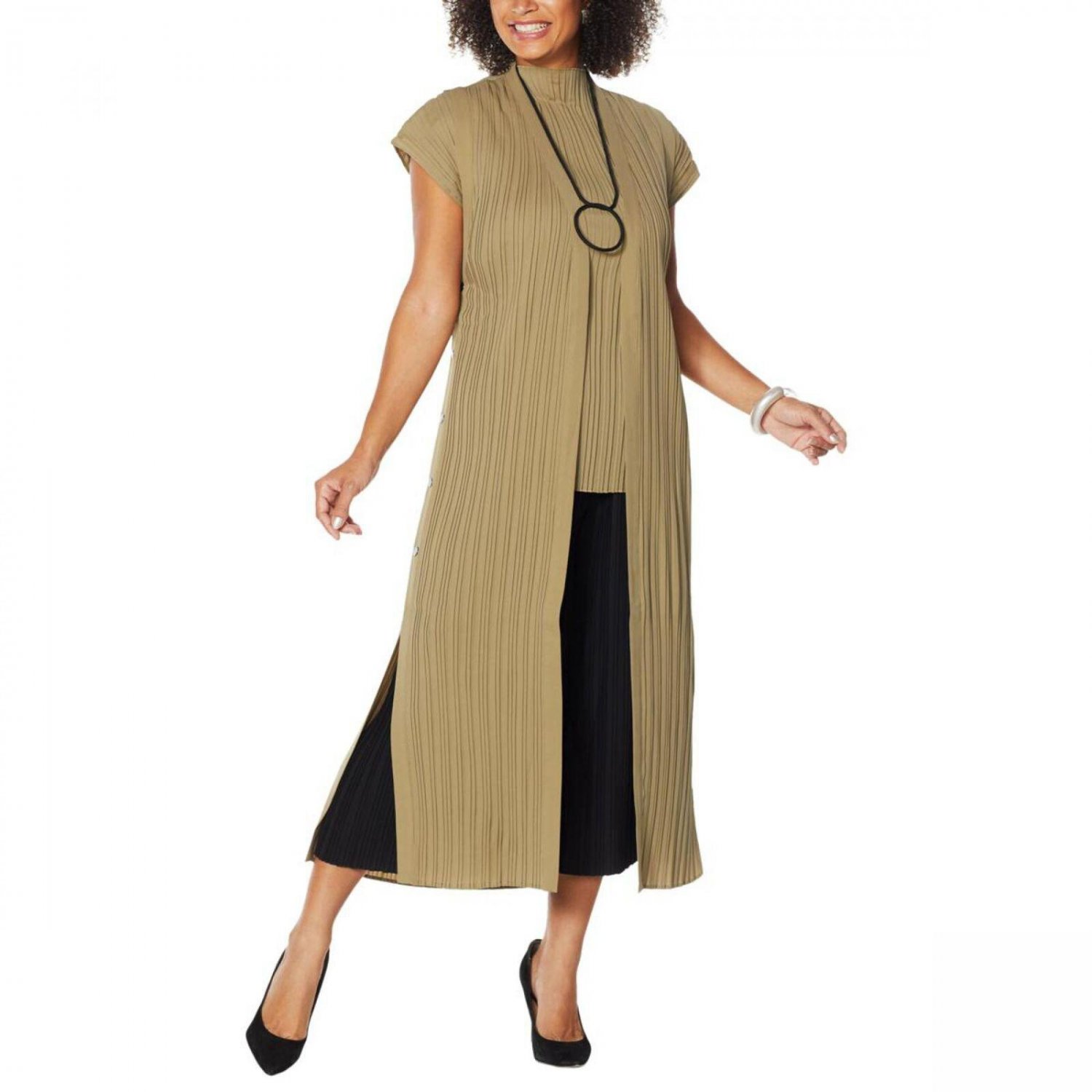 NWT Marla Wynne Womens Pleated Sleeveless Duster with Side Snaps Light Olive Gray XS