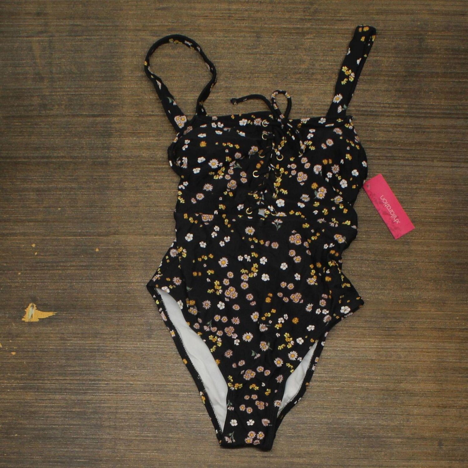 NWT Xhilaration Juniors' Lace-Up Front One Piece Swimsuit 78784763 S Black