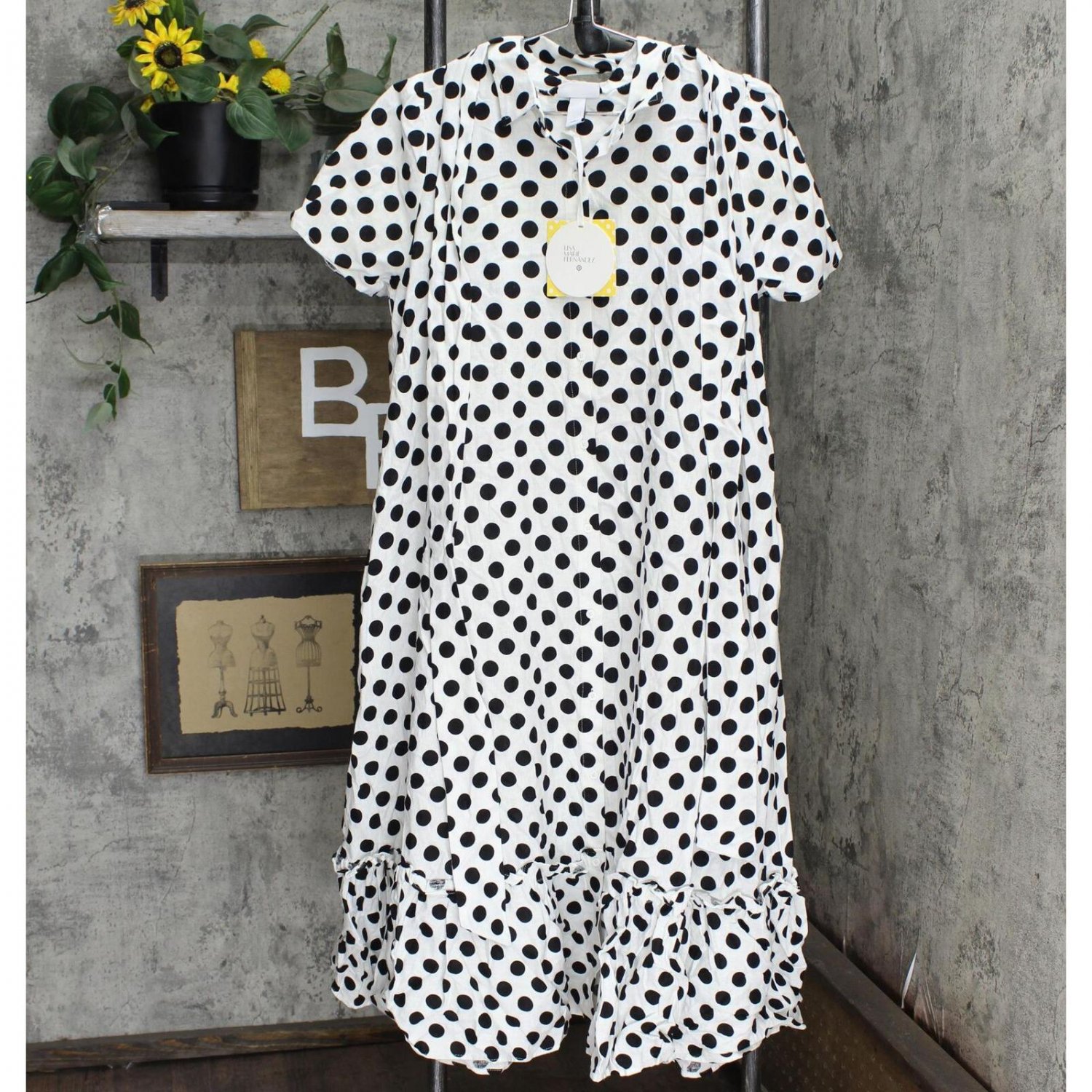NWT Private Label Women's Polka Dot Puff Sleeve Shirtdress PDD-049-2 M Black / White