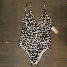 Kona Sol Strappy Ribbed Medium Coverage Animal Print One Piece Swimsuit Brown S