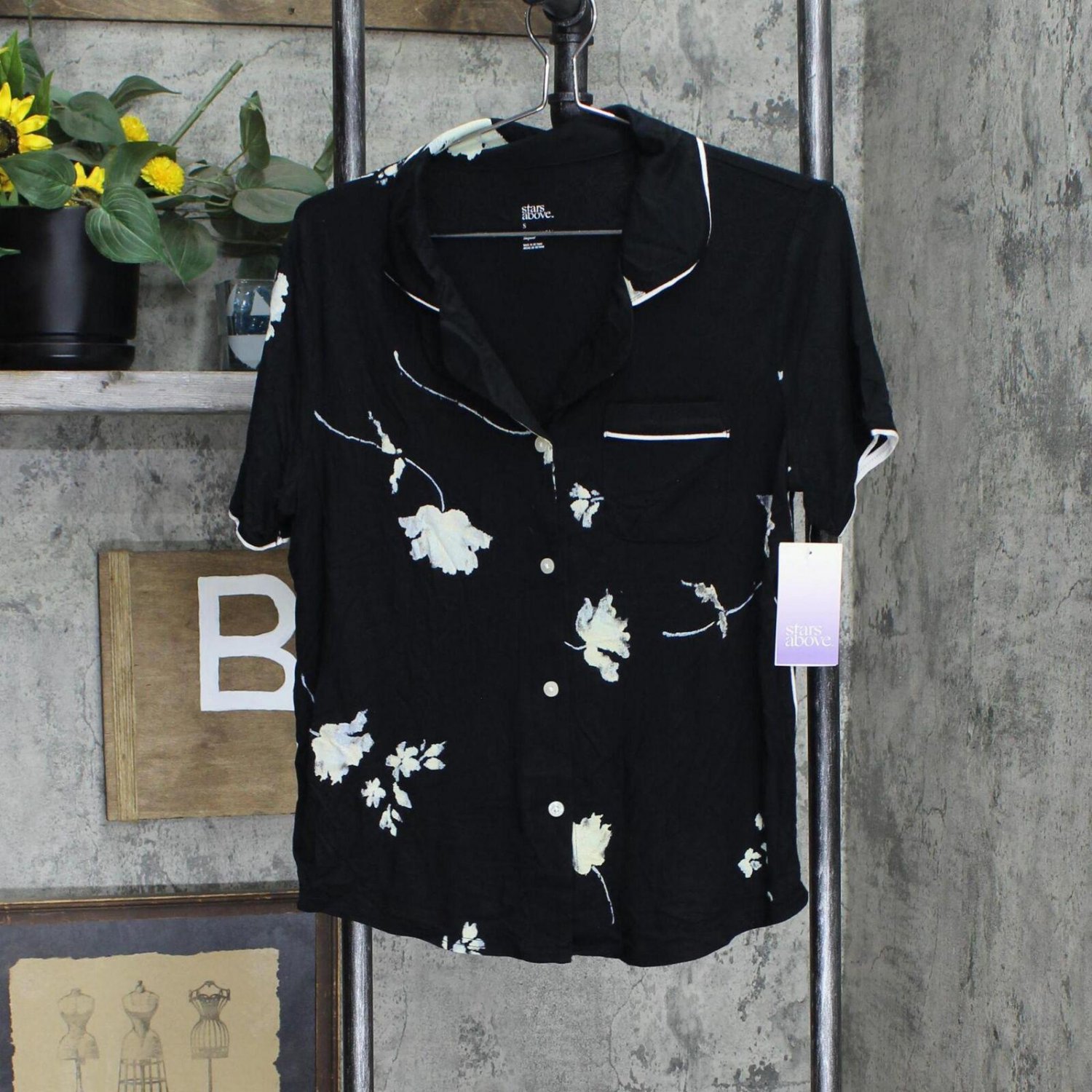 Stars Above Floral Print Beautifully Soft Crop Notch Collar Pajama Shirt Black S