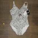 NWT DKNY Women's Cutout Twist One-Piece Swimsuit DI2ME515 10 Brush Dots White