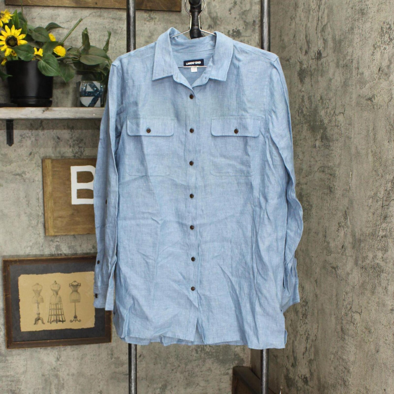 Lands' End Womens Linen Button Front Utility Tunic Top 516626-Sample L Tall Soft Stonewash Blue
