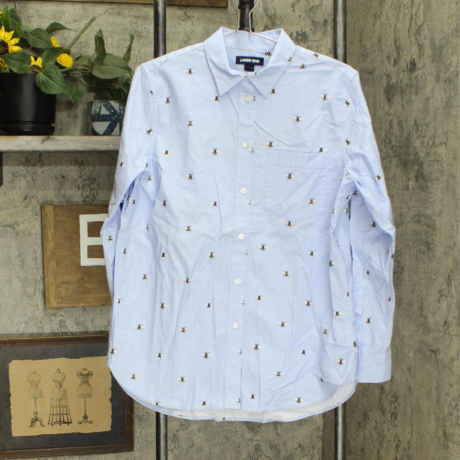 Lands' End Womens Long Sleeve Oxford Boyfriend Print Shirt 509355 M Blue Bees