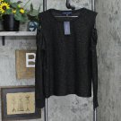 NWT Tommy Hilfiger Women's Metallic Waffled Cold-Shoulder Shirt J2IH6834 XL Black / Gold