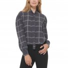 Calvin Klein Womens Petite Windowpane Tie-Neck Blouse T28TG15D PS Charcoal Gray