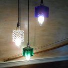 Three Light Pendant Chandelier, with Blue, Green and Clear Glass Candle Holder Shades