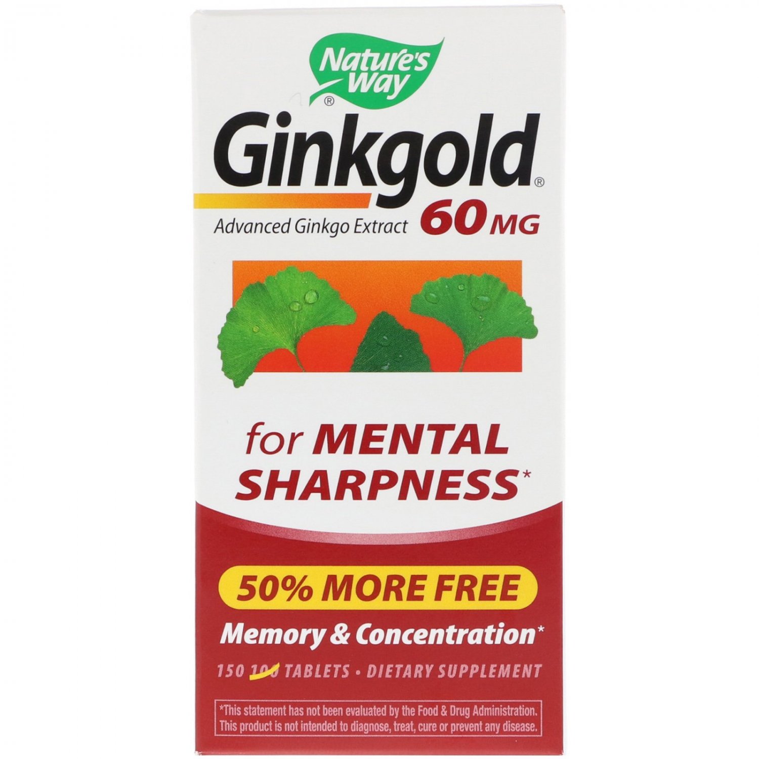 Nature's Way, Ginkgold, Memory & Concentration, 60 mg, 150 Tablets