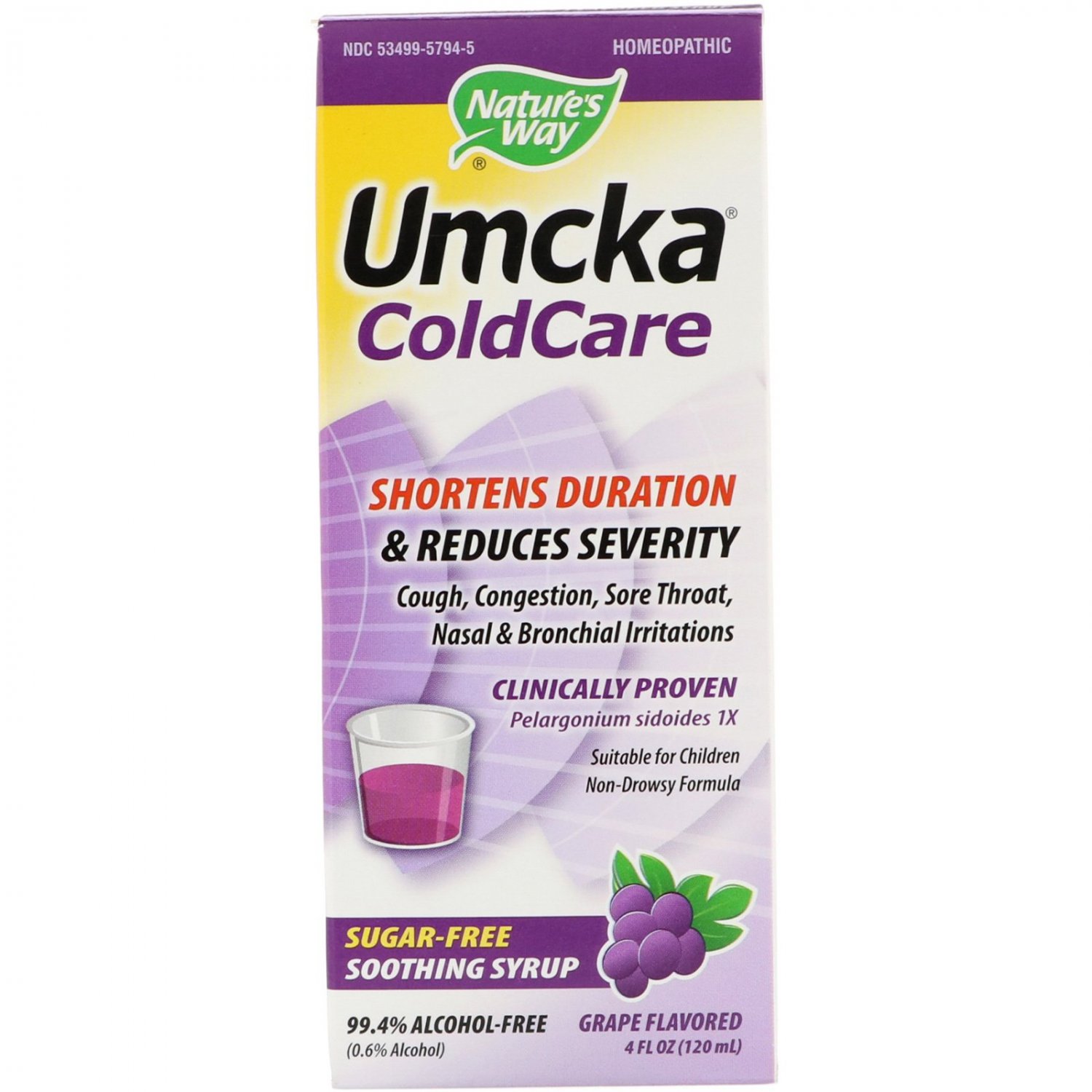 Nature's Way, Umcka ColdCare, Soothing Syrup, Sugar Free, Grape Flavored, 4 fl oz (120 ml)