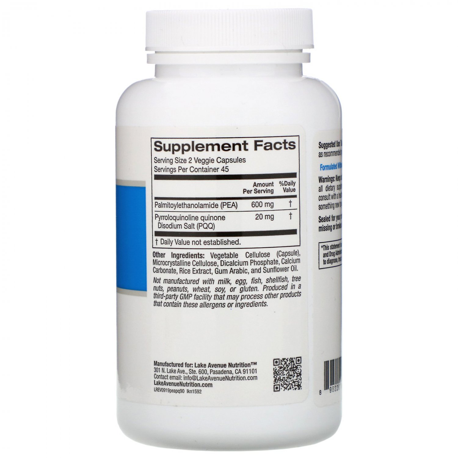 Lake Avenue Nutrition, PEA (Palmitoylethanolamide) with PQQ, 90 Veggie ...