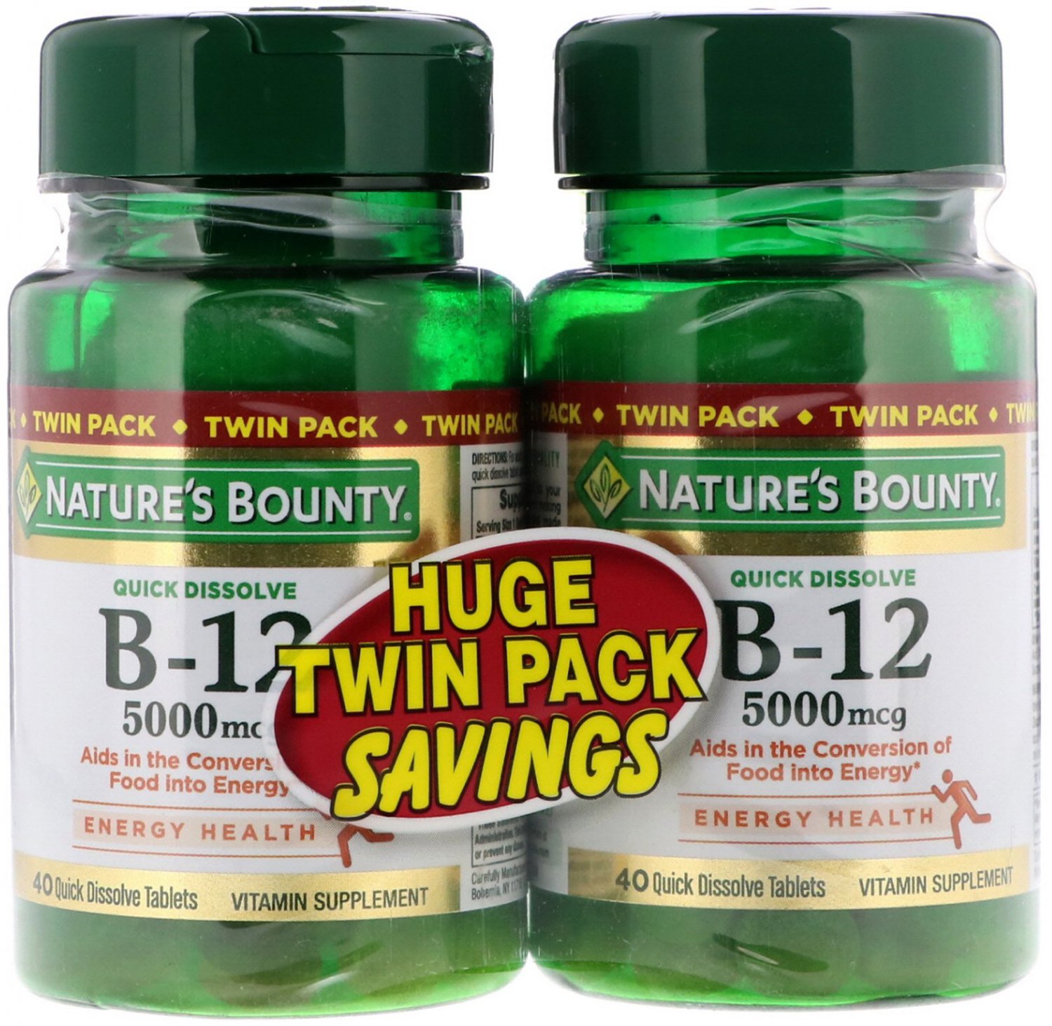 Nature's Bounty, B-12, Twin Pack, Naturally Cherry Flavor, 5000 mcg, 40 Quick Dissolve Tablets Each