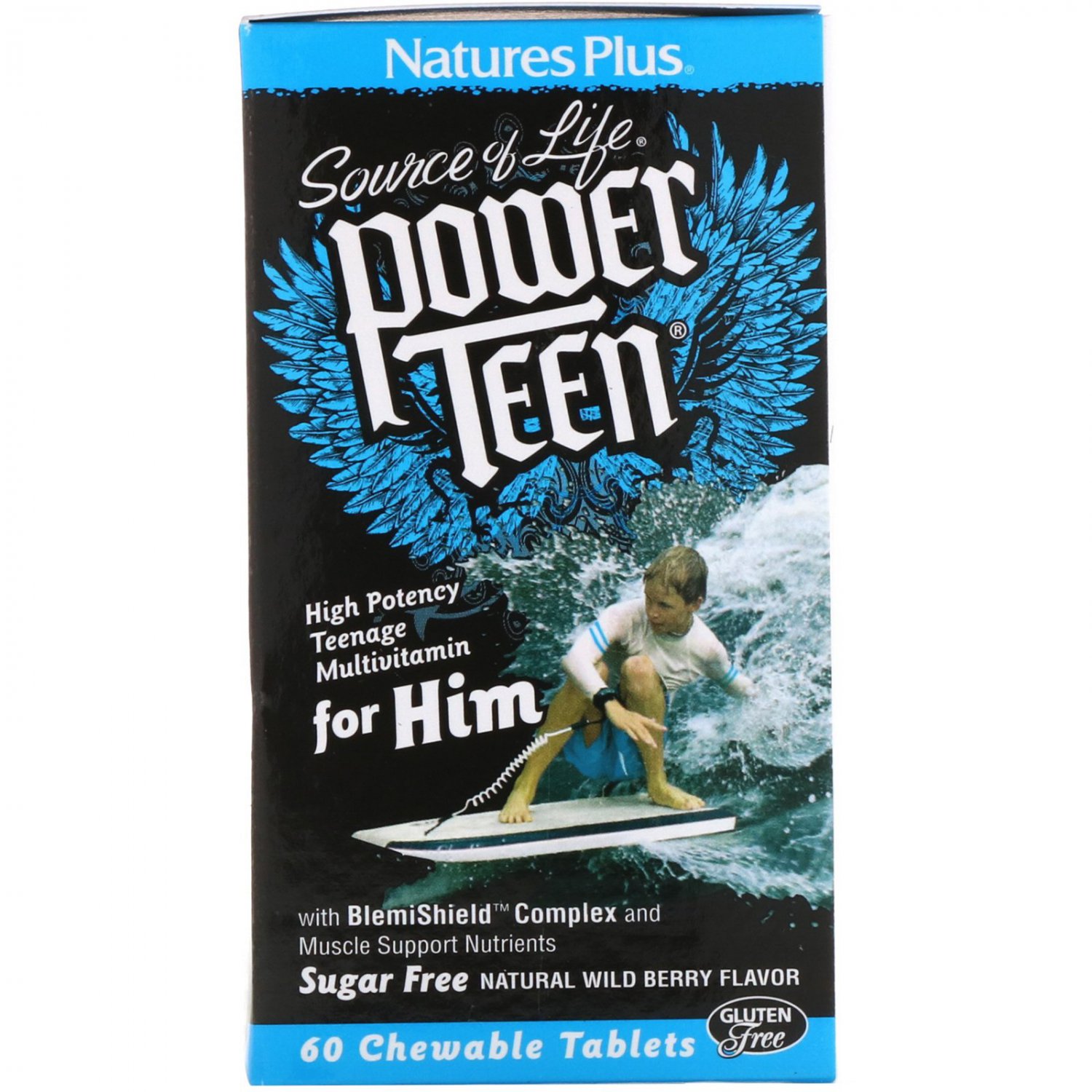 Nature's Plus,Power Teen, For Him, Sugar Free, Natural Wild Berry Flavor, 60 Chew Tab