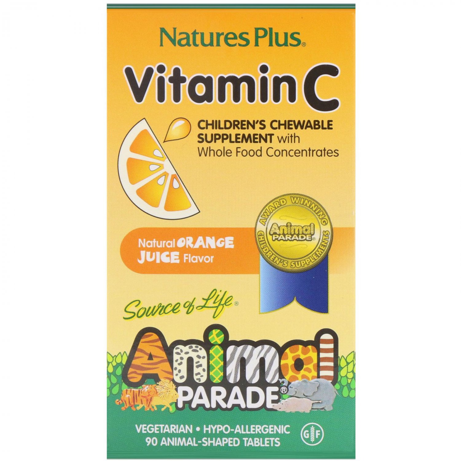 Nature's Plus, Source of Life, Animal Parade, Vitamin C,Natural Orange Juice Flavor, 90  Tablets
