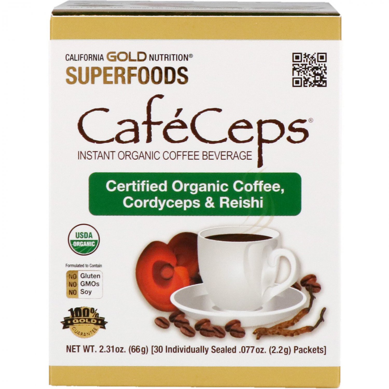 California Gold Nutrition, CafeCeps, Mushroom Powder, 30 Packets, .077 oz (2.2 g) Each