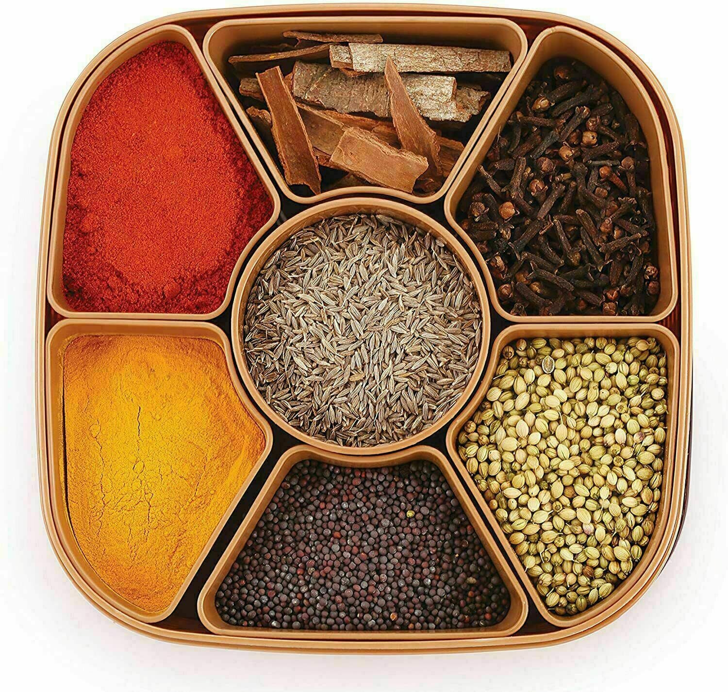 Strong Plastic Masala Box, 7 Compartments with Spoon, Spice Boxes for Kitchen