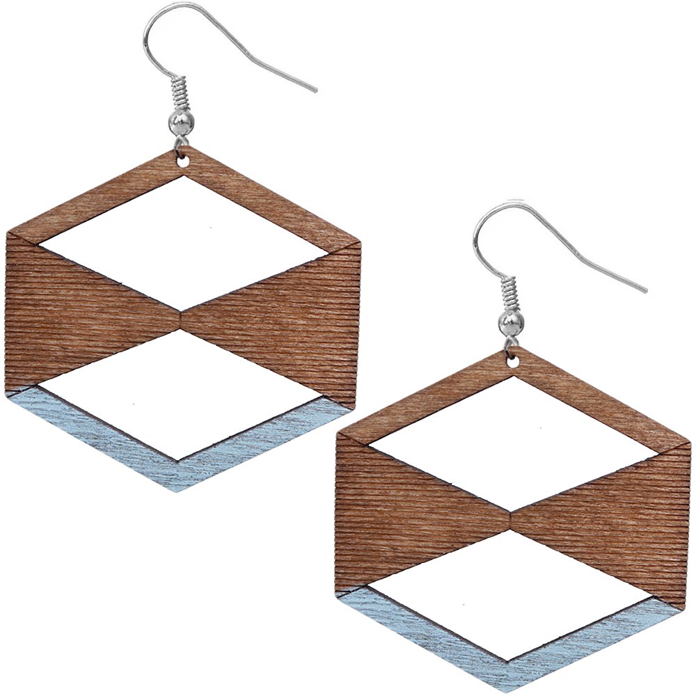 Light Blue Brown Geometric Wooden Earrings