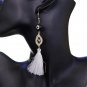 White Evil Eye Beaded Tassel Drop Earrings