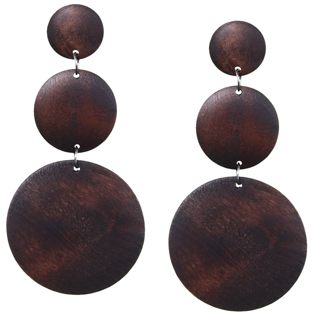 Dark Brown Triple Circular Cascade Wooden Earrings
