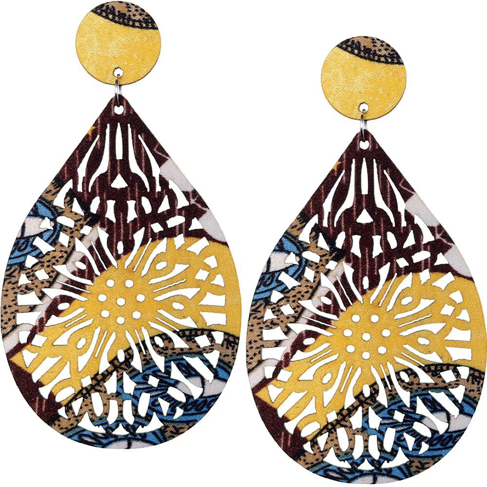 Brown Yellow Evil Eye Wooden Earrings