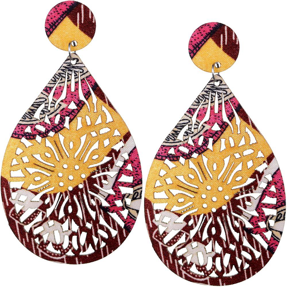 Yellow Pink Evil Eye Wooden Earrings