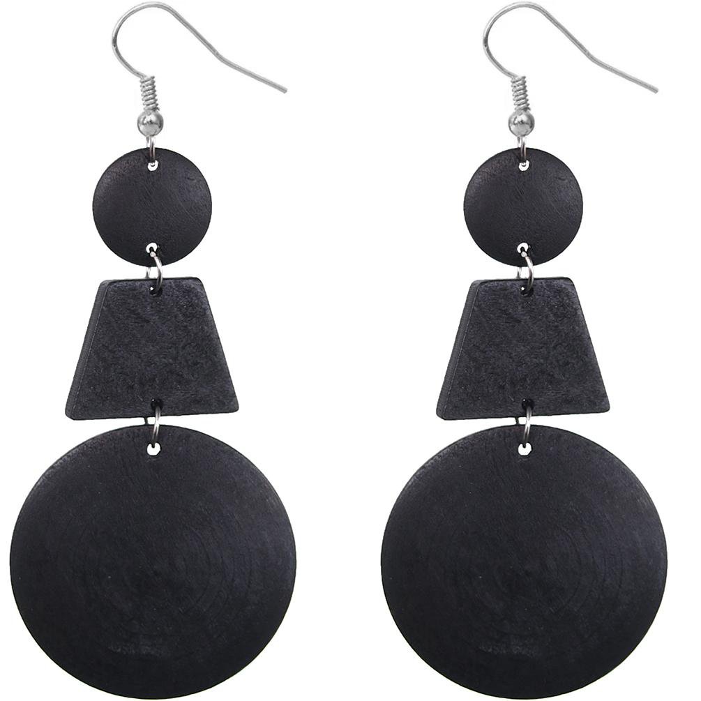 Black Triple Geometric Wooden Drop Earrings
