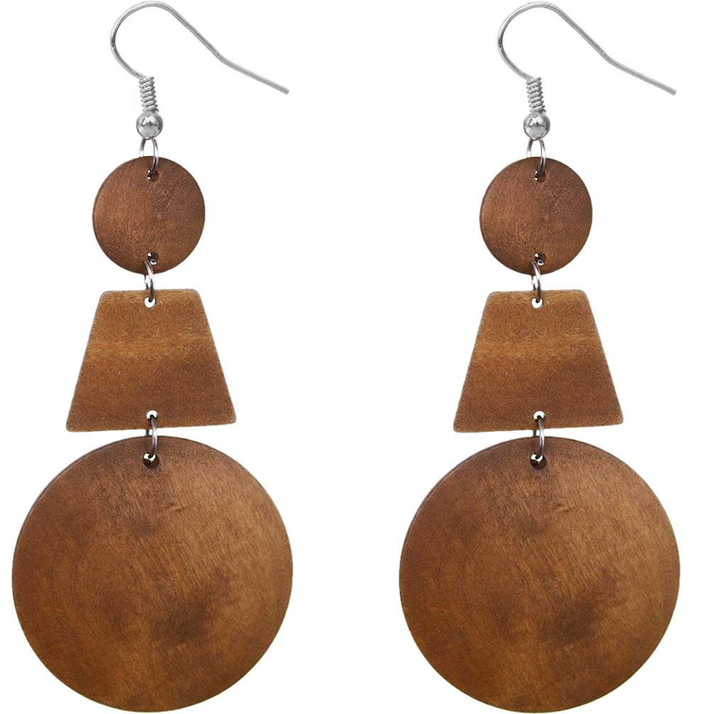 Brown Triple Geometric Wooden Earrings