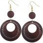 Dark Brown Wooden Gemstone Drop Hoop Earrings