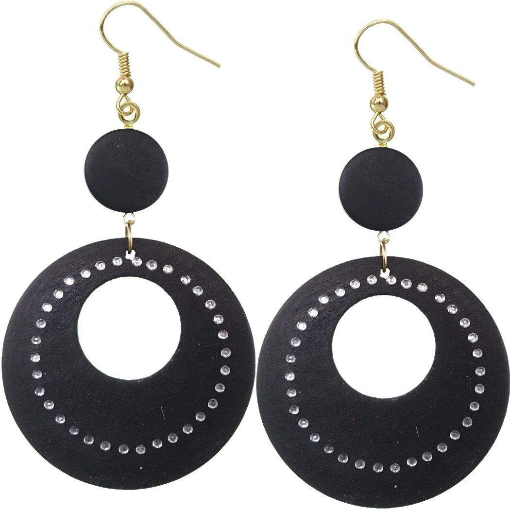Black Wooden Gemstone Drop Hoop Earrings