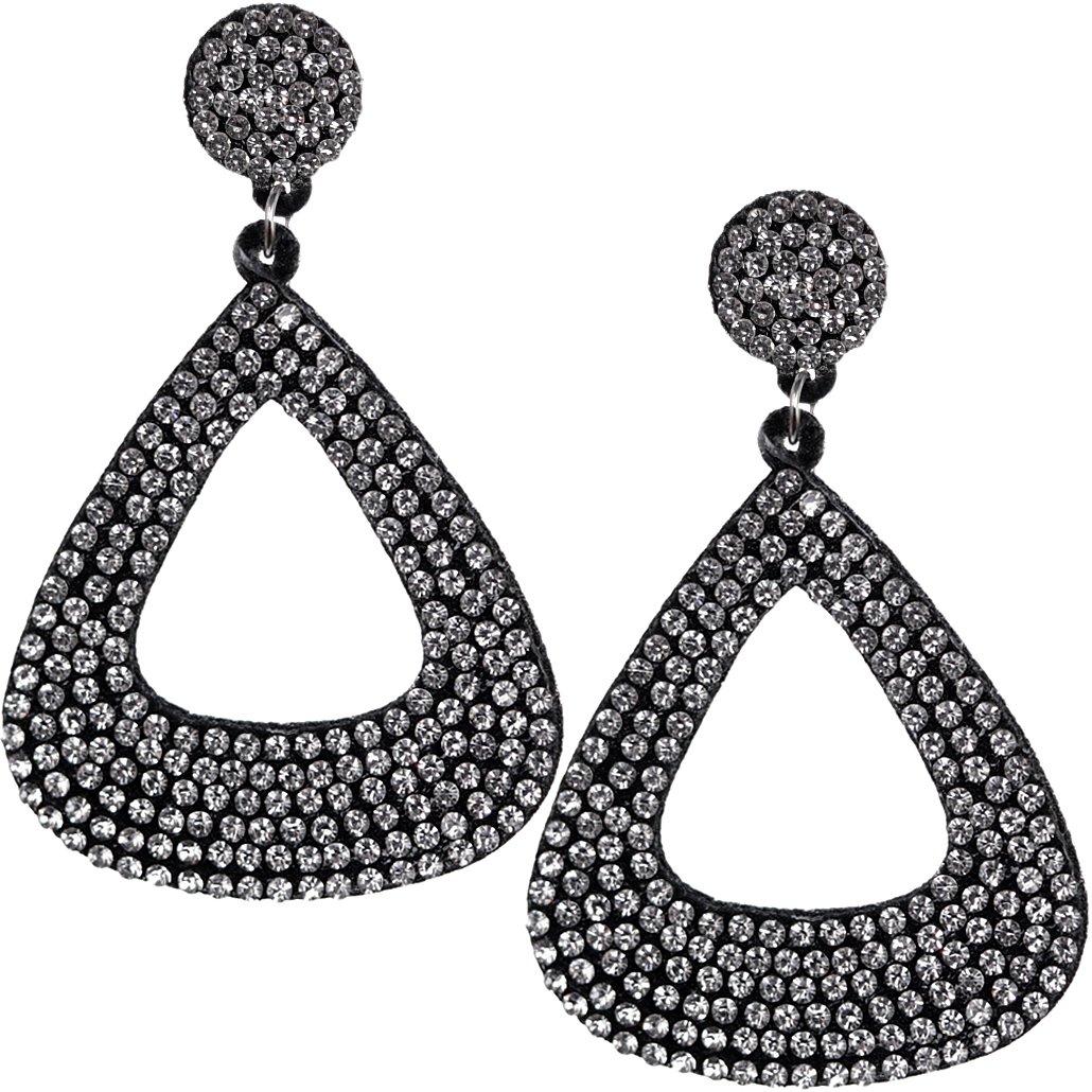 Black Silver Felt Pave Teardrop Rhinestone Earrings