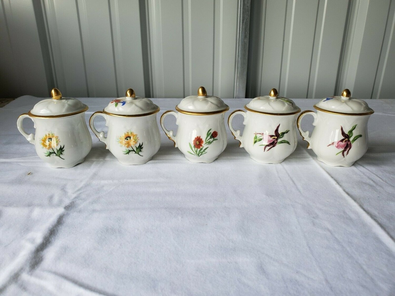 Vintage Limoges France Porcelain Pot De Creme Floral Bird Lidded Cups