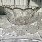 Vintage Fostoria Heavy Pressed Glass Punch Bowl With 9 Glasses