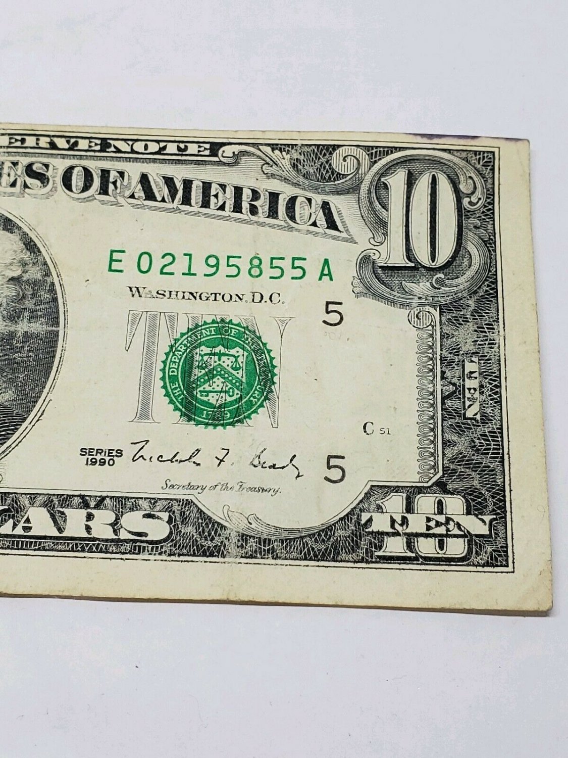 $10 Bill 1990 Frn Off Center Possible Ink Bleed Circulated