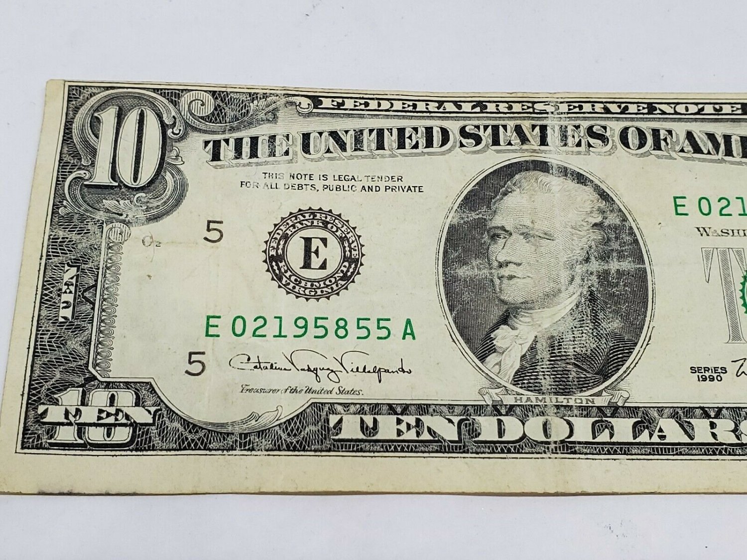 $10 Bill 1990 FRN Off Center/Possible Ink Bleed Circulated