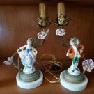 Antique French Porcelain Figural Man and Woman Brass Candle Votive Boudoir Lamps