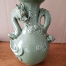 Vintage Chinese Green Double Dragon Crackle Vase 12"