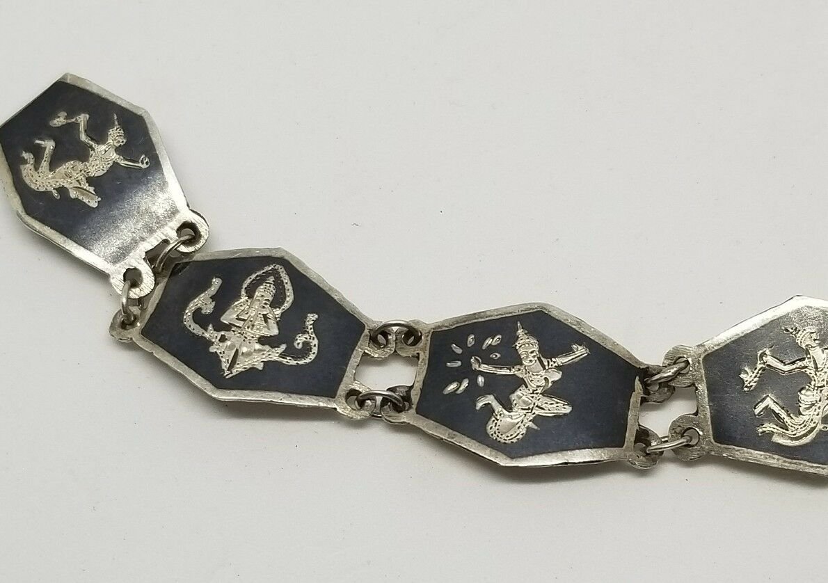 Vintage Siam Indian Goddess Sterling Silver Link Bracelet 6.5"