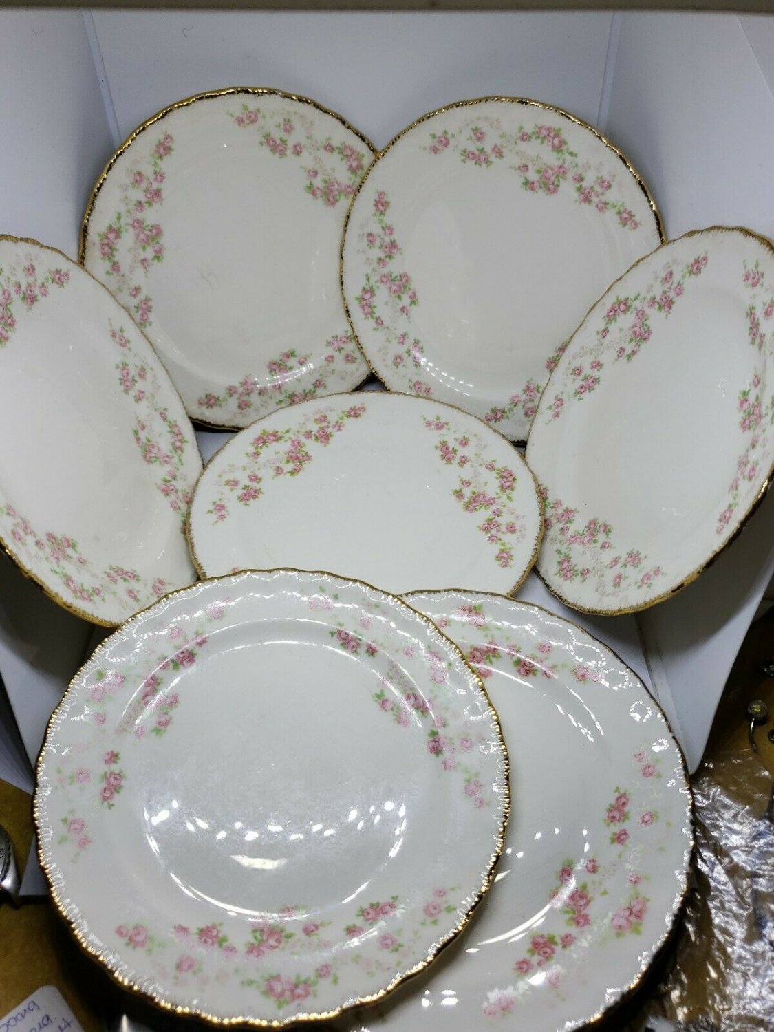 Vintage 7 Saucer Set Pope Gosser China Floral Roses Sterling Florence