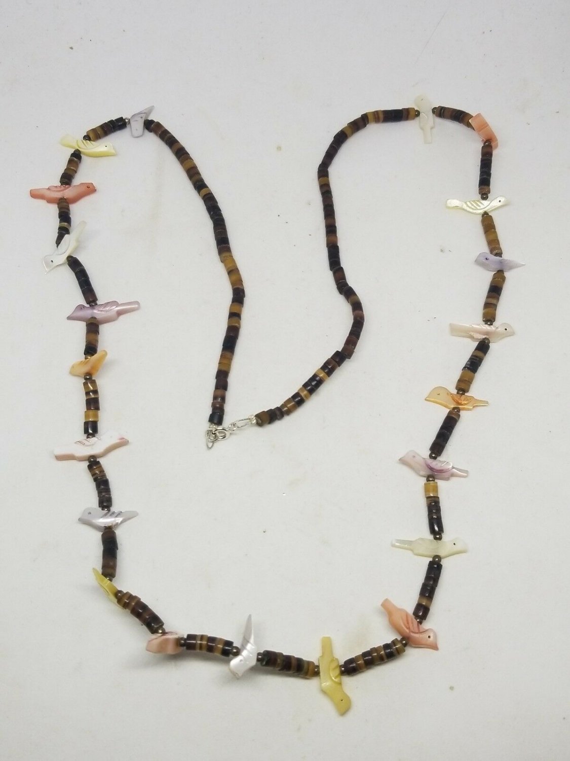Vintage Zuni 28" Native American Sterling MOP Bird Fetish Heishi Shell Necklace