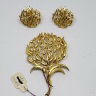 Vintage TORINO Gold Tone Flower Bud Brooch And Clip Earring Set