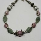 Sterling Silver Pink Murano Glass Jade Leaf And White Cat's Eye Bracelet
