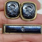 Vintage Gold Tone Hematite Carved Intaglio Roman Soldier Cufflinks and Tie Clip