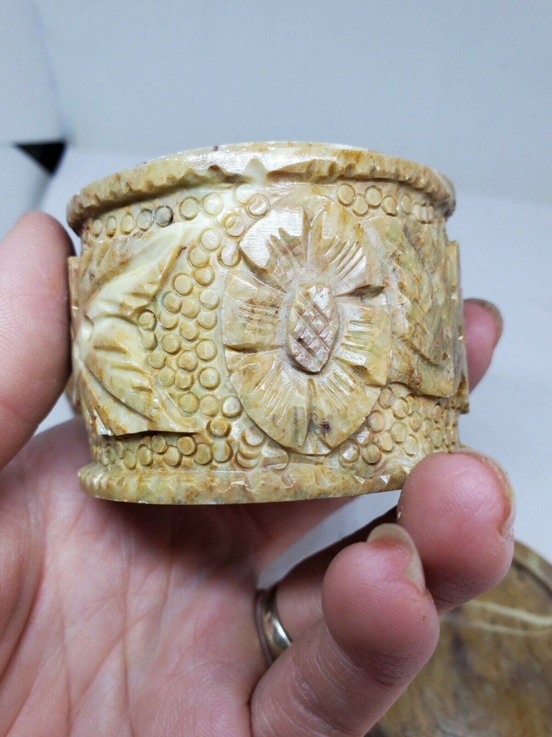 Vintage Soapstone Hand Carved Trinket Box Pair With Flowers