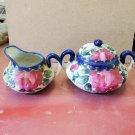 Antique Chinese Export Flow Blue Rose Leaf Gold Gilt Creamer And Sugar Signed