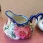 Antique Chinese Export Flow Blue Rose Leaf Gold Gilt Creamer And Sugar Signed