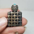 Antique Art Deco French Sterling Daisy Checkerboard Black Glass Perfume Bottle