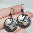Vintage Sterling Silver Handmade Repousse Globe Earth Disc Dangle Earrings