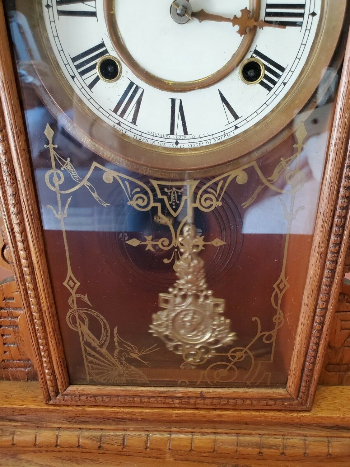 Vintage Waterbury Clock Co Etched Dragon Wooden Mantle Clock 2 Keyholes