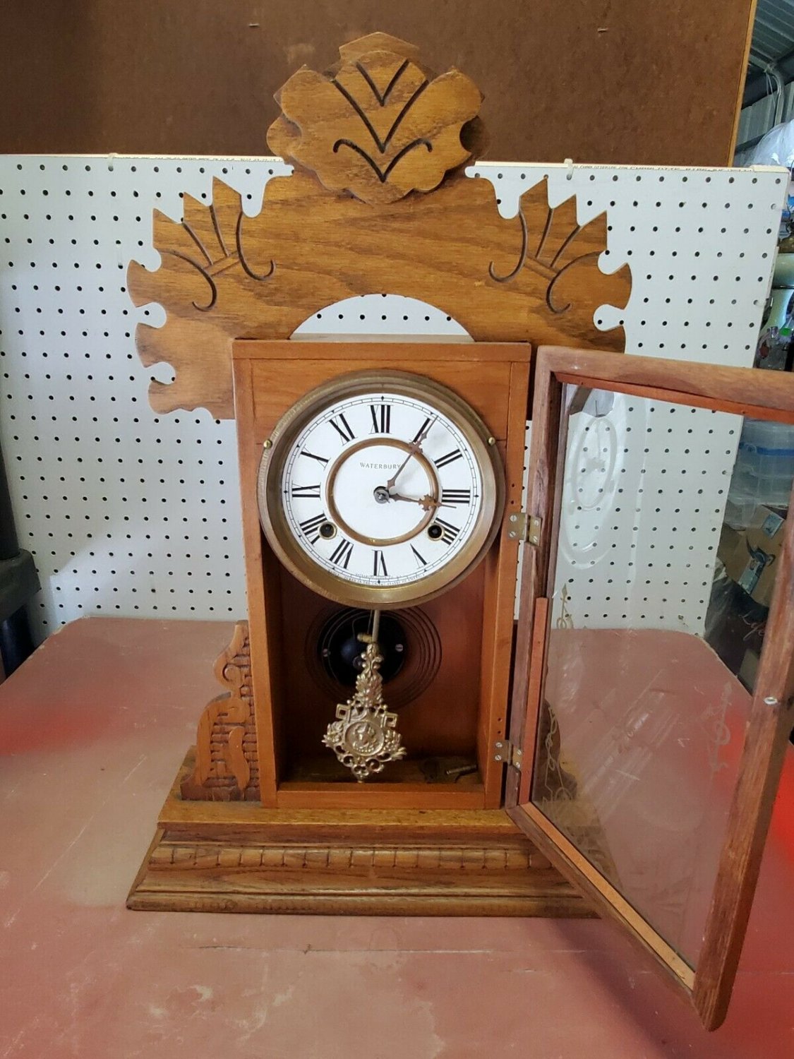 Vintage Waterbury Clock Co Etched Dragon Wooden Mantle Clock 2 Keyholes